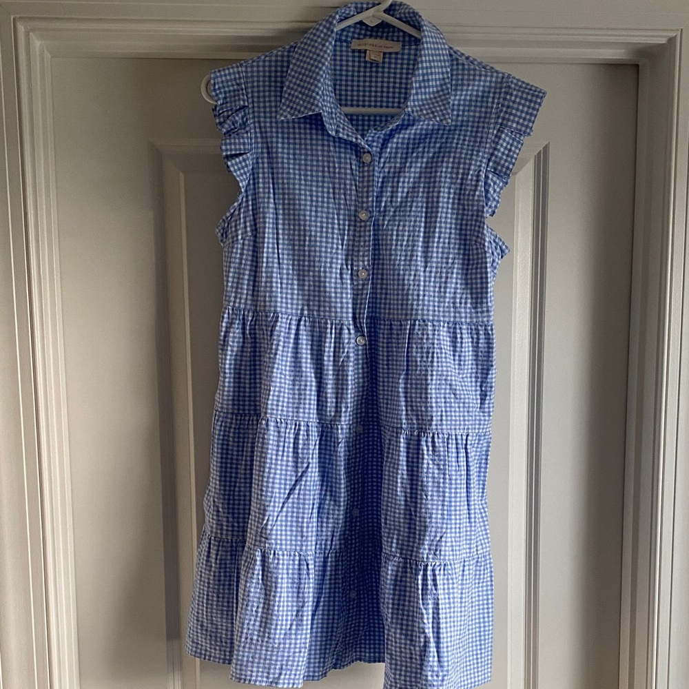 Womens Light Blue Gingham Tiered Button-Front Dress

PTP 18

Length 32
